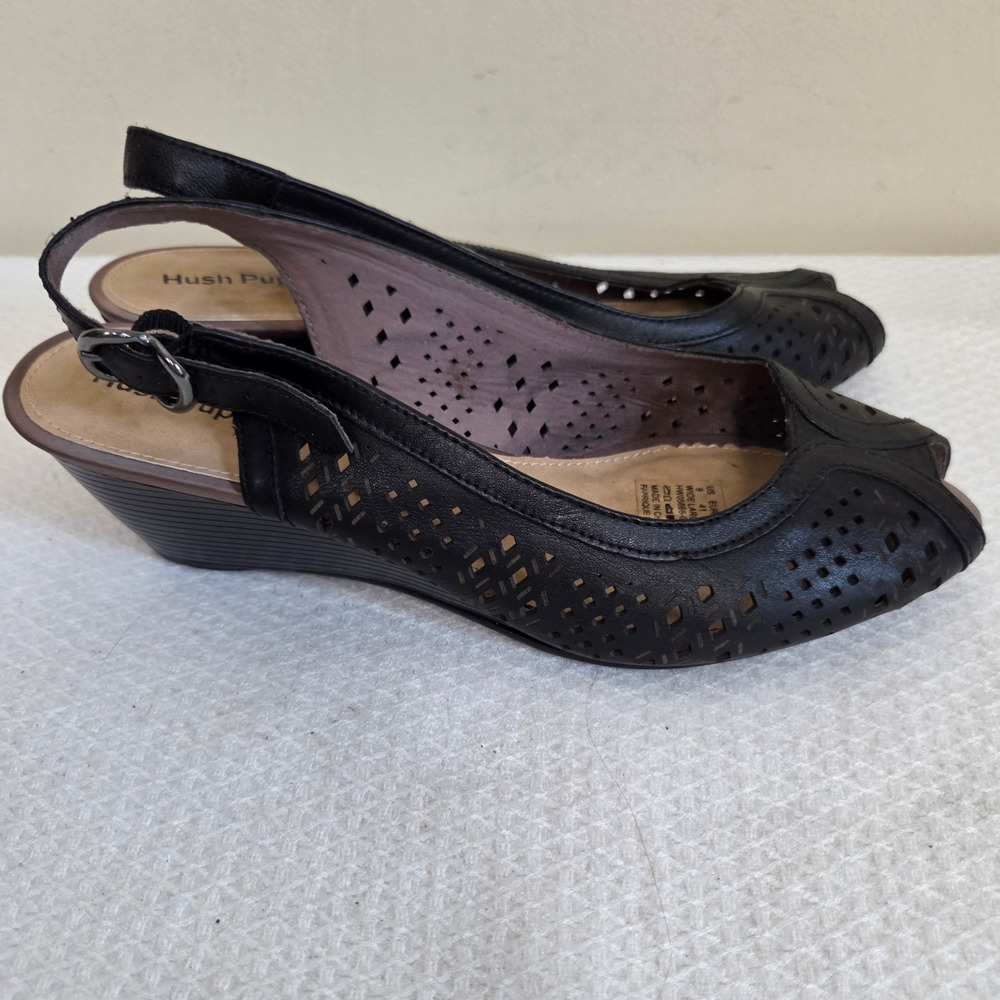 Hush Puppies Womens Black Leather Perforated Slingback Wedge Shoes 9W Comfort